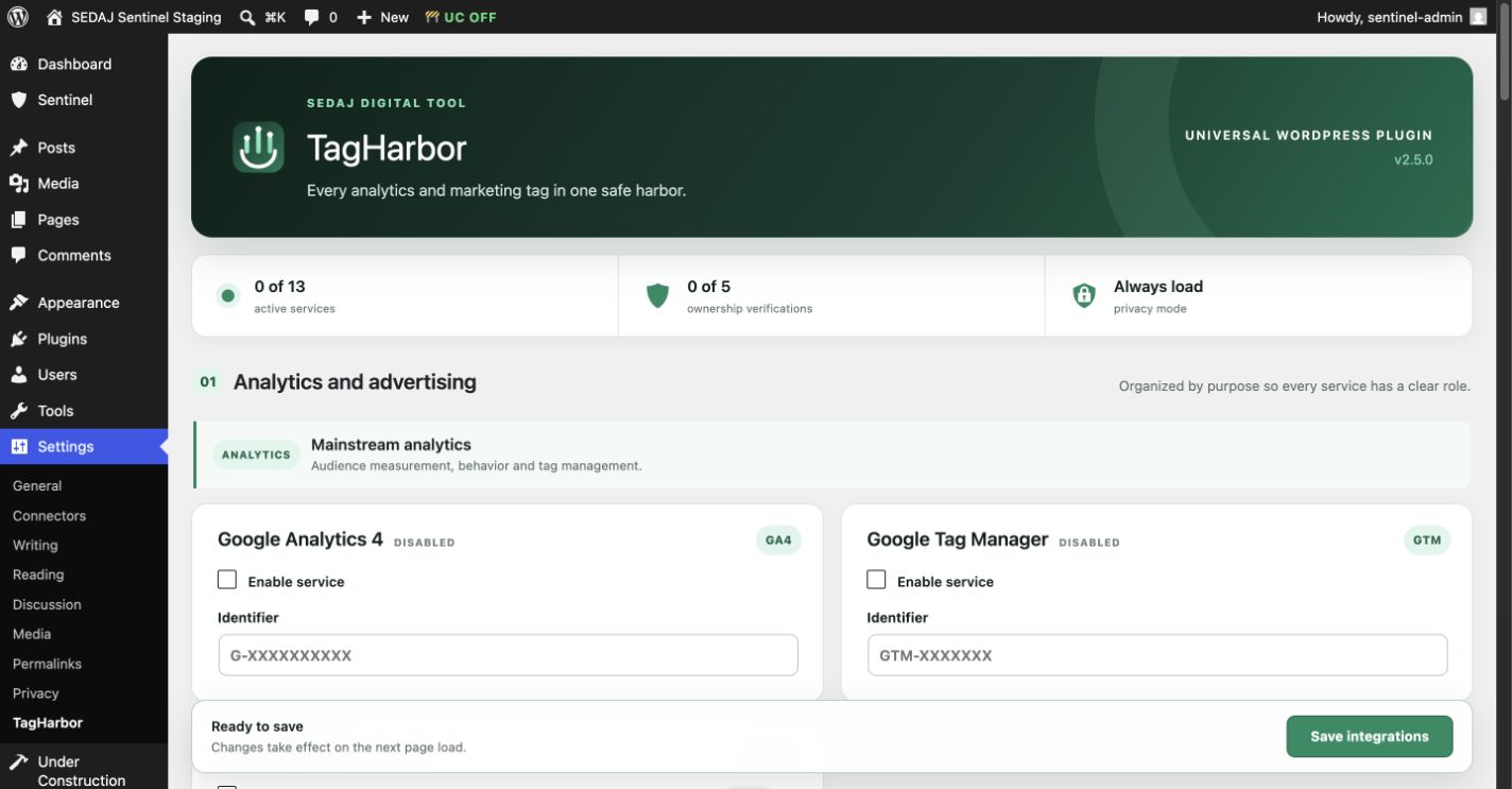 TagHarbor overview dashboard in WordPress showing integration groups and service status