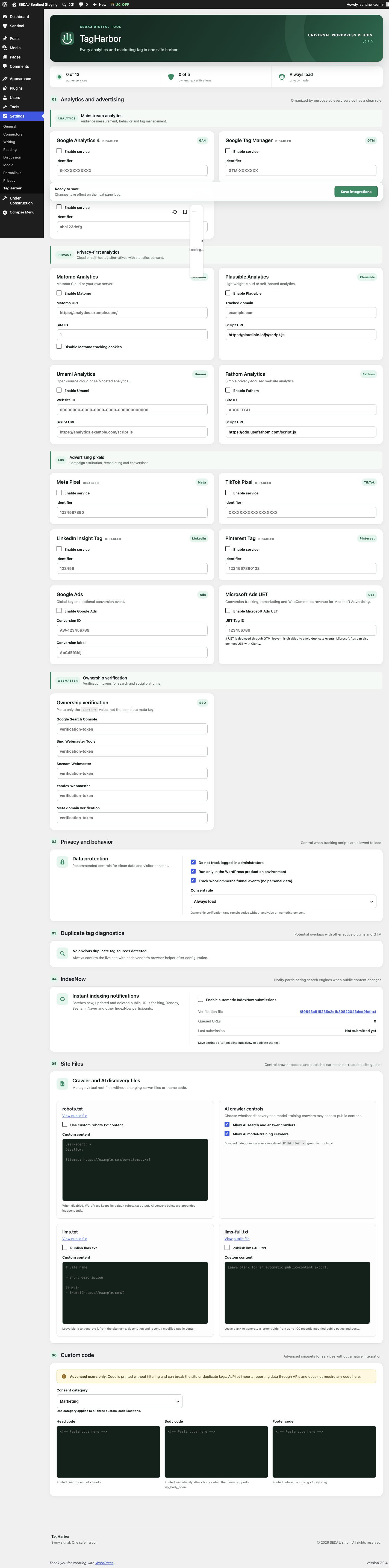 Complete TagHarbor 2.5.0 settings screen with Microsoft Ads UET in WordPress